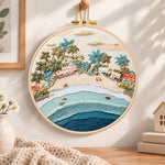 Pastel beach coast embroidery hoop wall art displayed as warm and cozy handmade home decor