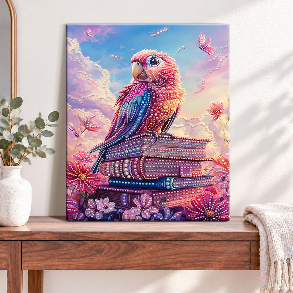 Finished pastel book parrot pearl diamond painting artwork displayed as home decor