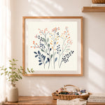 Finished pastel botanical berries and branches cross stitch artwork displayed as home decor