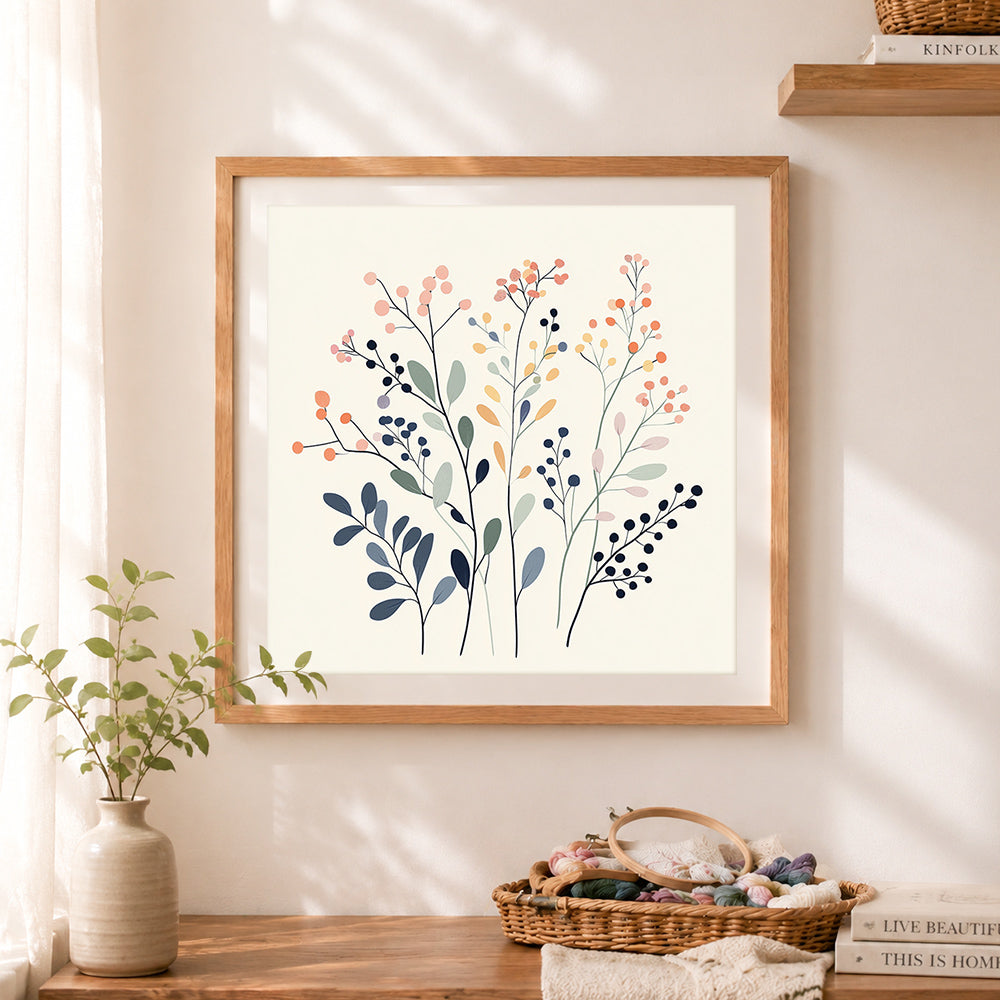 Finished pastel botanical berries and branches cross stitch artwork displayed as home decor