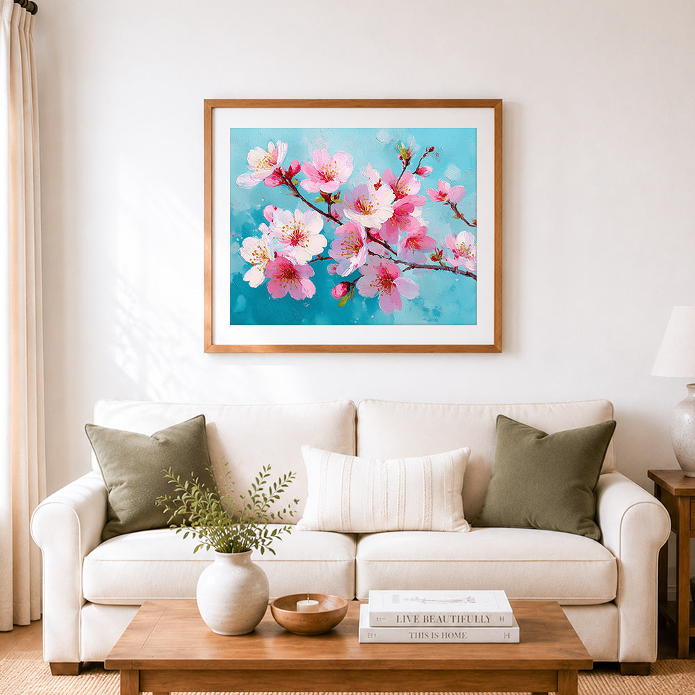 Finished pastel cherry blossom brushstrokes cross stitch artwork displayed as home decor