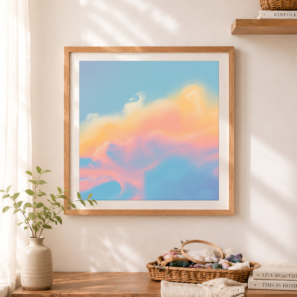 Finished pastel dream clouds cross stitch artwork displayed as home decor