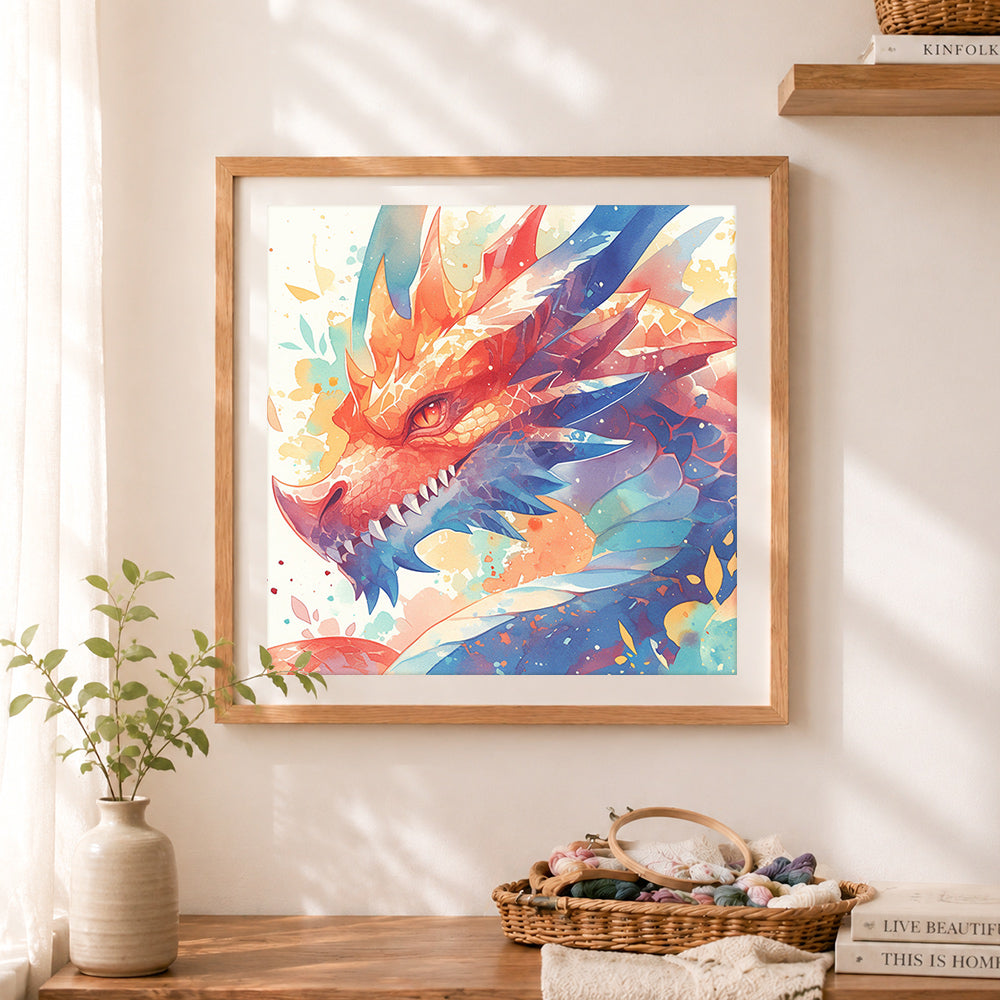 Finished pastel fantasy dragon cross stitch artwork displayed as home decor