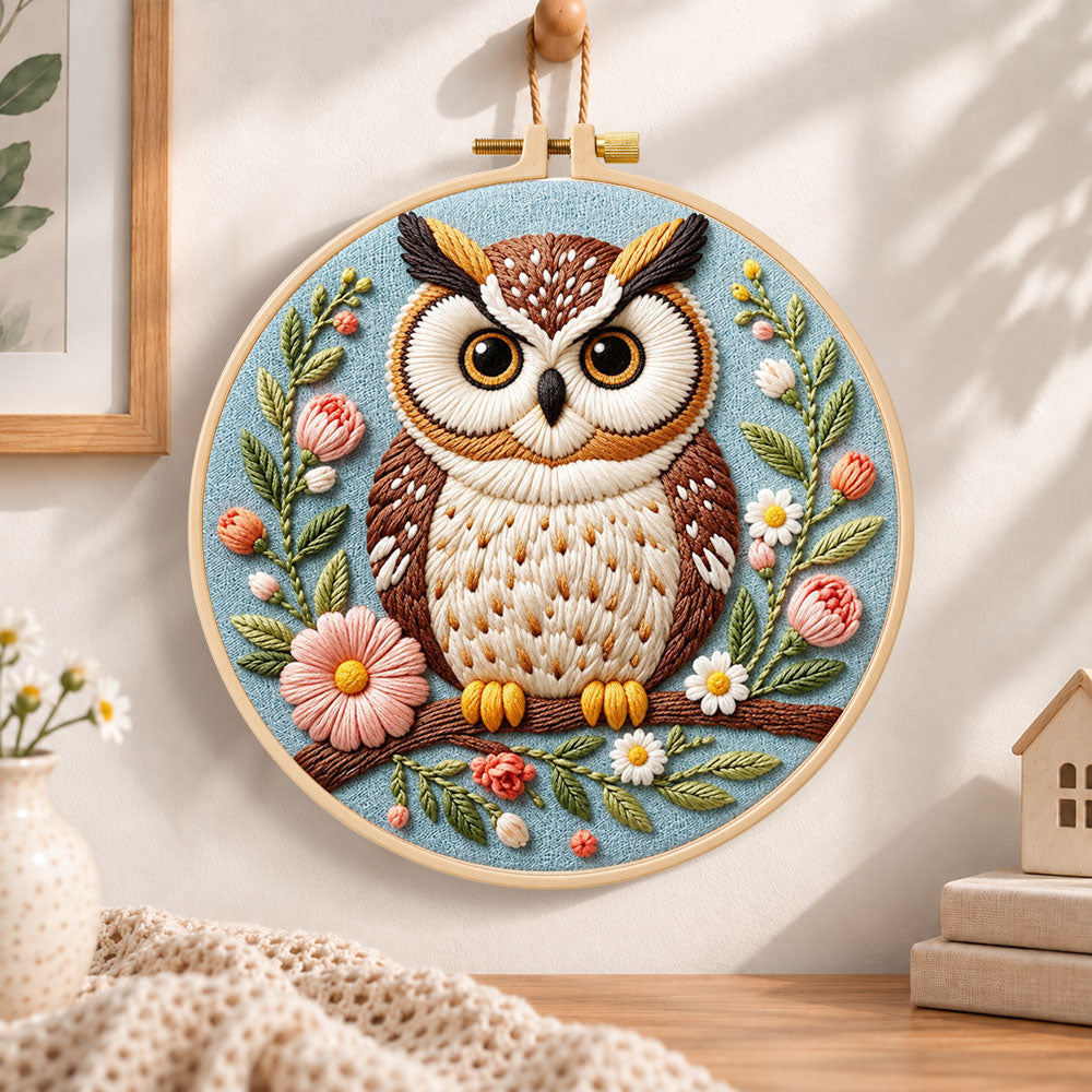 Pastel floral owl embroidery hoop wall art displayed as warm and cozy handmade home decor