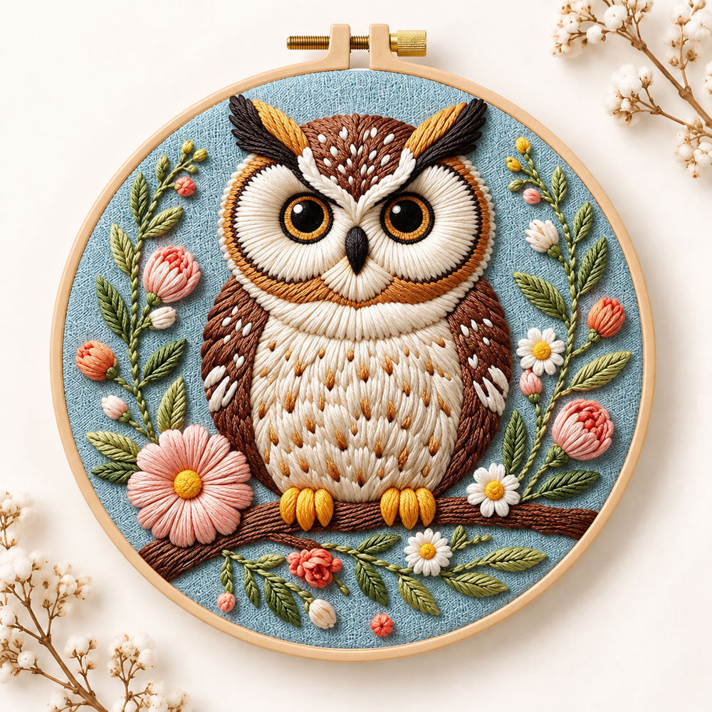 Pastel floral owl embroidery kit