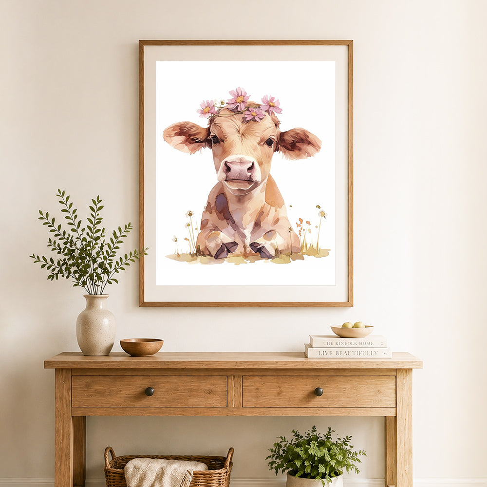 Finished pastel flower crown calf cross stitch artwork displayed as home decor