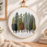 Pastel forest grove embroidery hoop wall art displayed as warm and cozy handmade home decor
