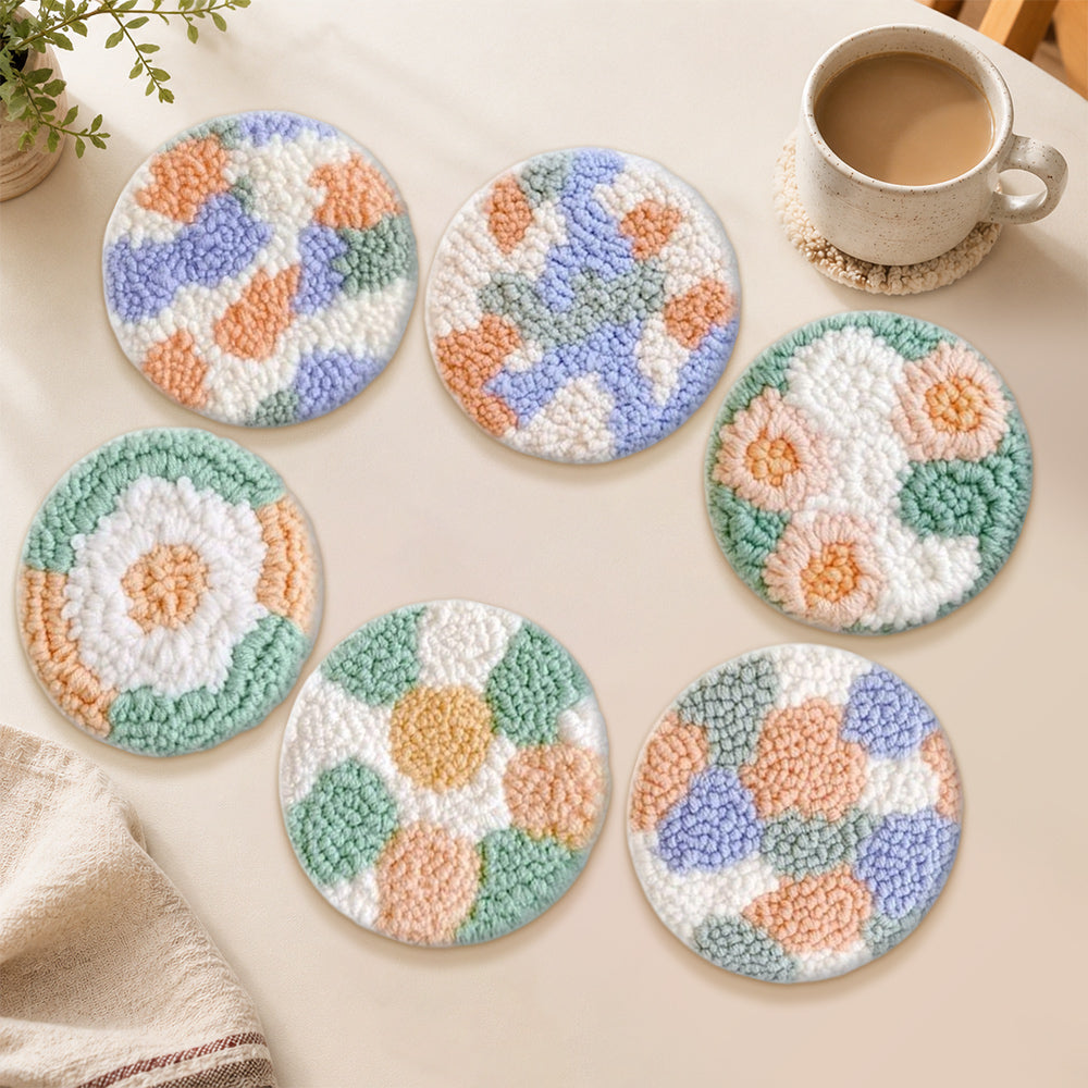 Pastel geometric patterns punch needle coasters used for home decoration