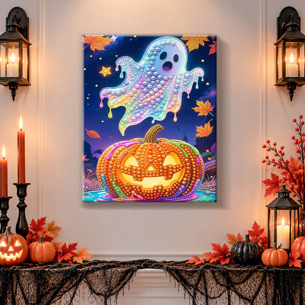 Finished pastel glowing ghost over jack‑o‑lantern pearl diamond painting artwork displayed as holiday home decor