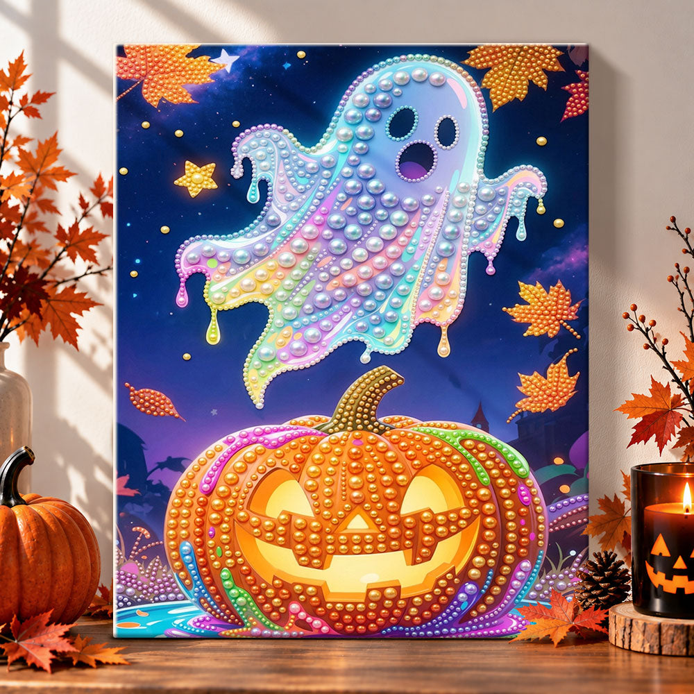 Pastel glowing ghost over jack‑o‑lantern pearl diamond painting kit for beginners
