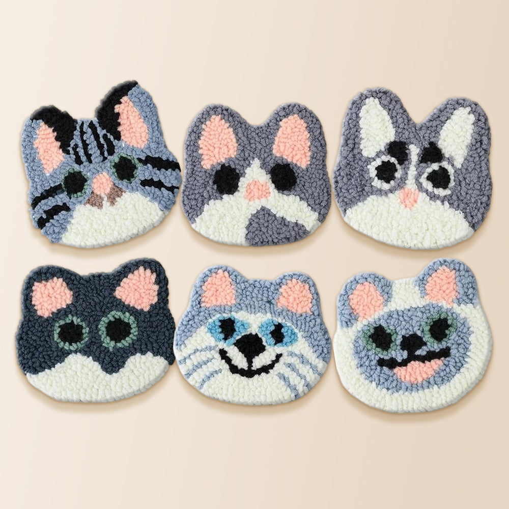 Pastel gray and pink cats punch needle coaster kit finished handmade coasters
