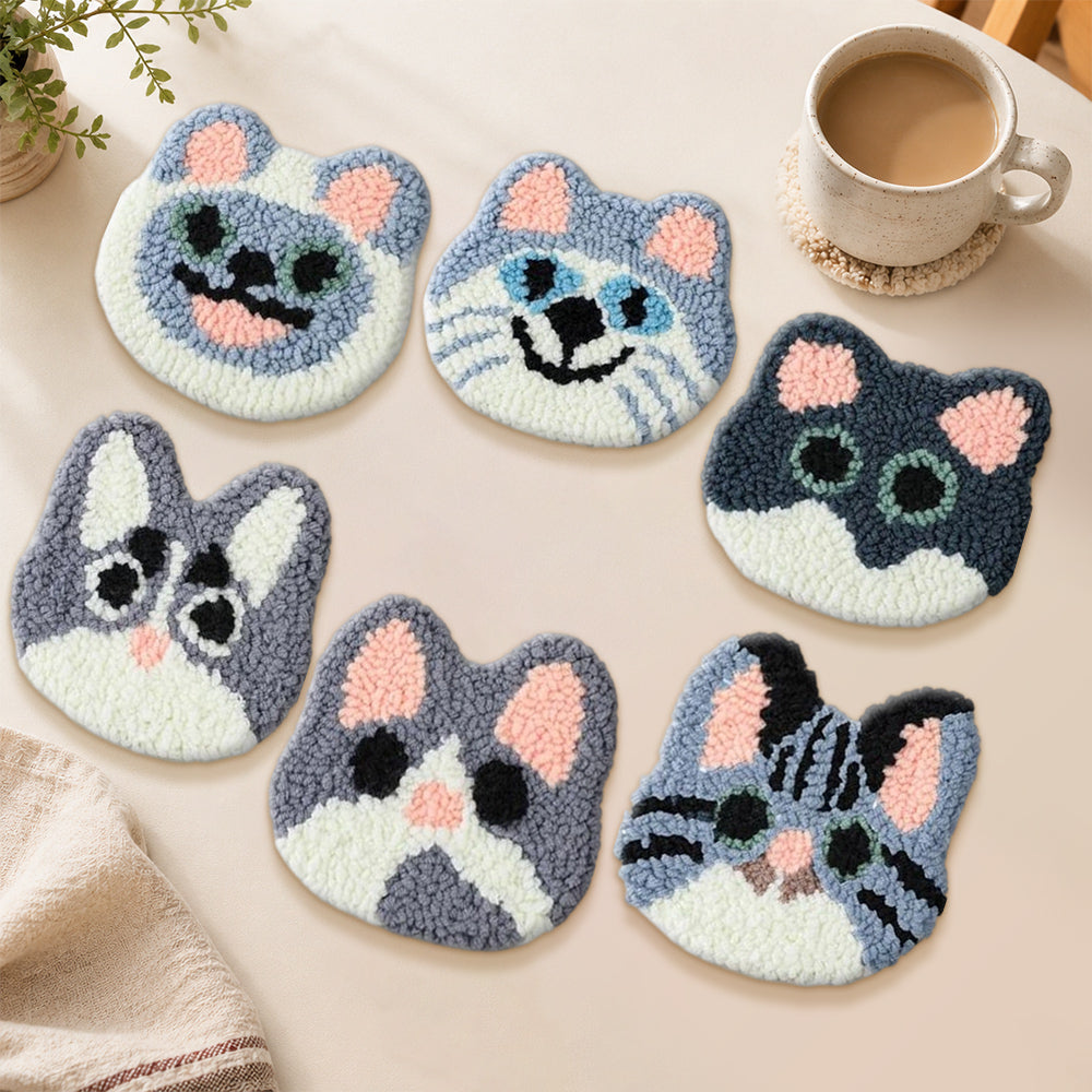 Pastel gray and pink cats punch needle coasters used for home decoration