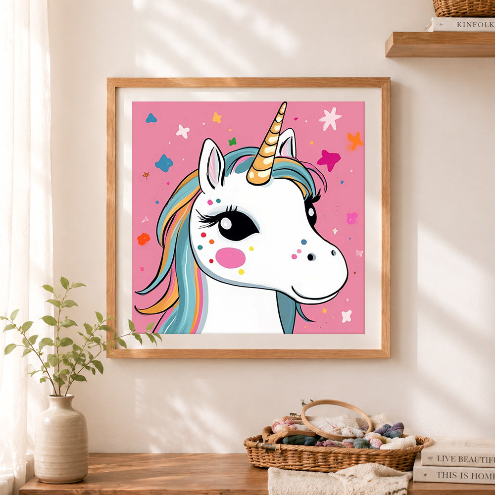Finished pastel kawaii unicorn face cross stitch artwork displayed as home decor