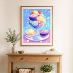 Finished pastel macaron dessert cup cross stitch artwork displayed as home decor