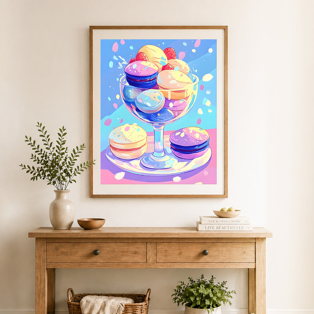 Finished pastel macaron dessert cup cross stitch artwork displayed as home decor
