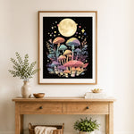 Finished pastel moon mushrooms cross stitch artwork displayed as home decor