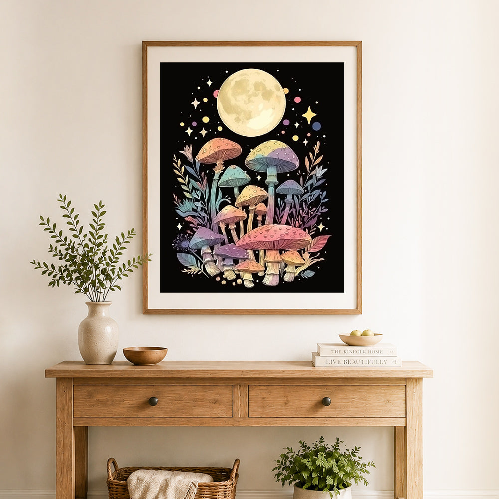 Finished pastel moon mushrooms cross stitch artwork displayed as home decor