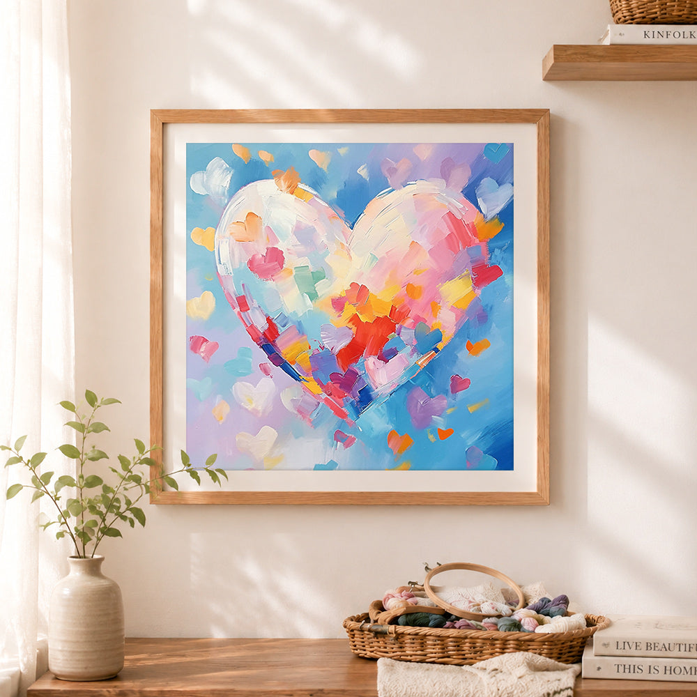 Finished pastel mosaic hearts cross stitch artwork displayed as home decor