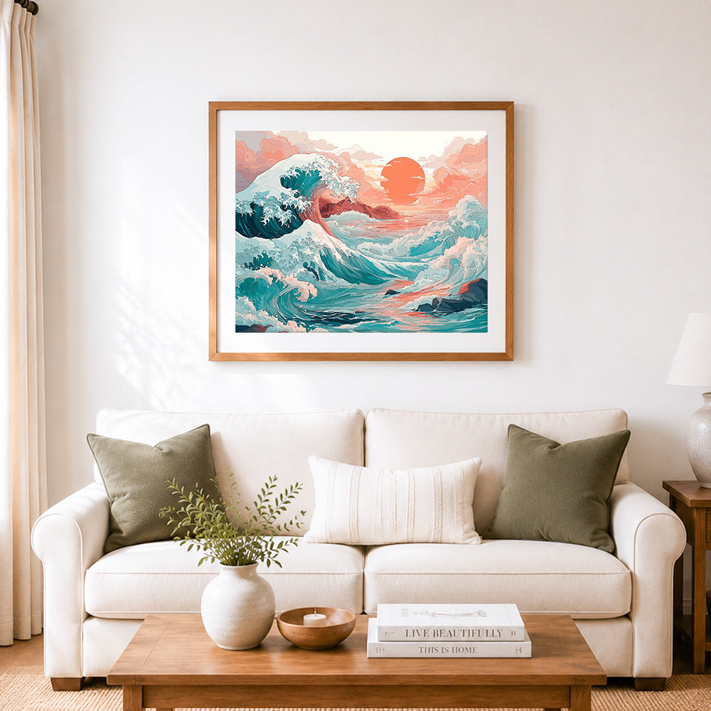 Finished pastel ocean waves cross stitch artwork displayed as home decor