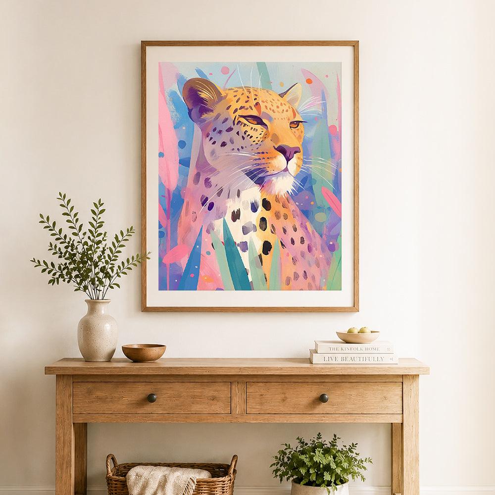 Finished pastel painted leopard cross stitch artwork displayed as home decor