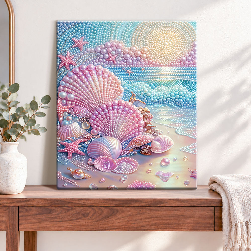 Finished pastel pearl seaside pearl diamond painting artwork displayed as home decor