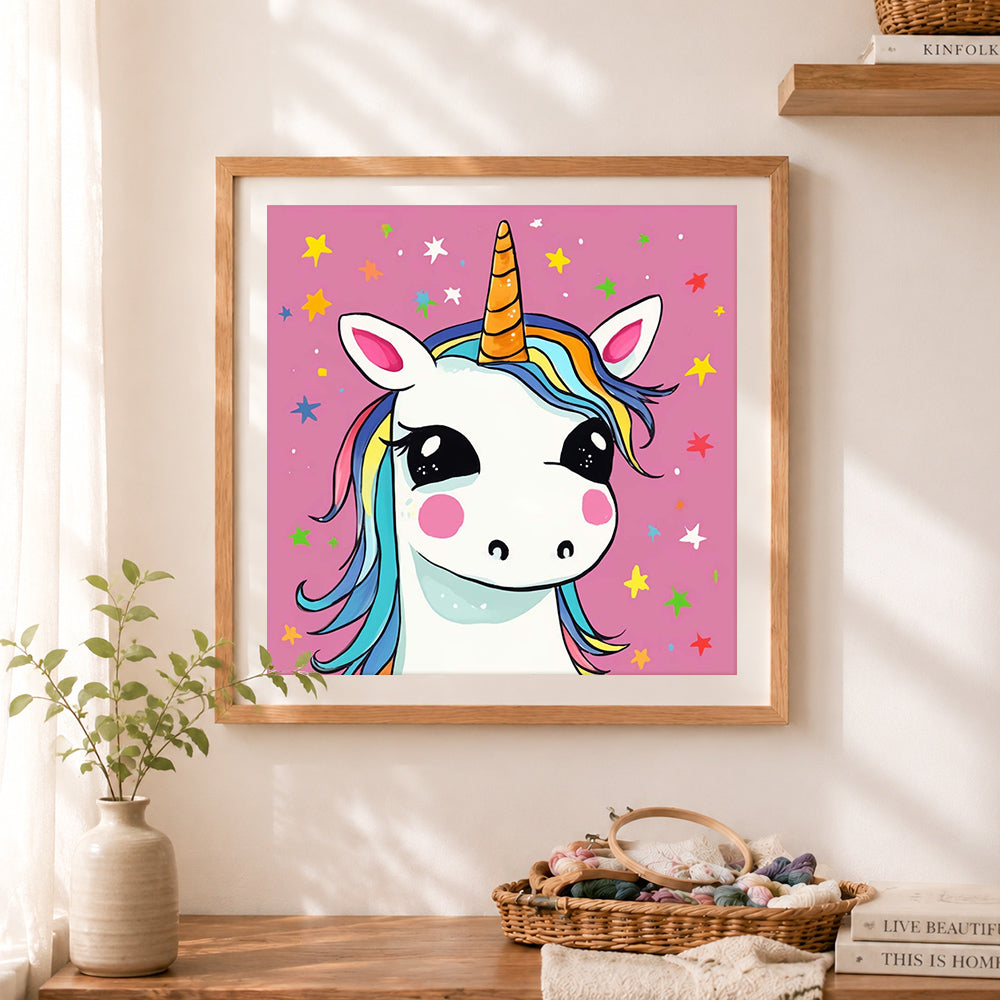 Finished pastel rainbow unicorn cross stitch artwork displayed as home decor