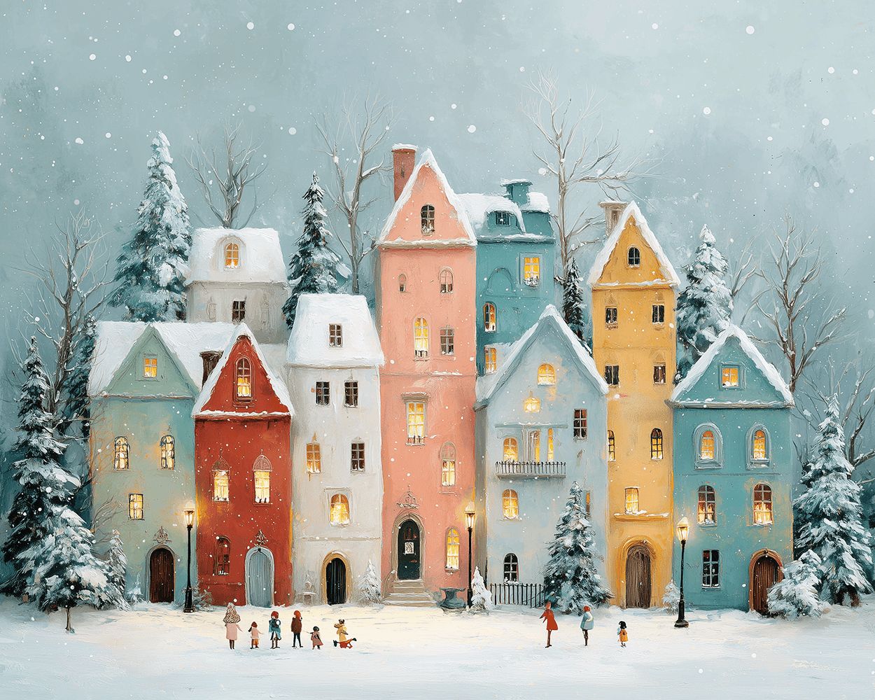 Pastel row houses in the snow cross stitch kit for beginners