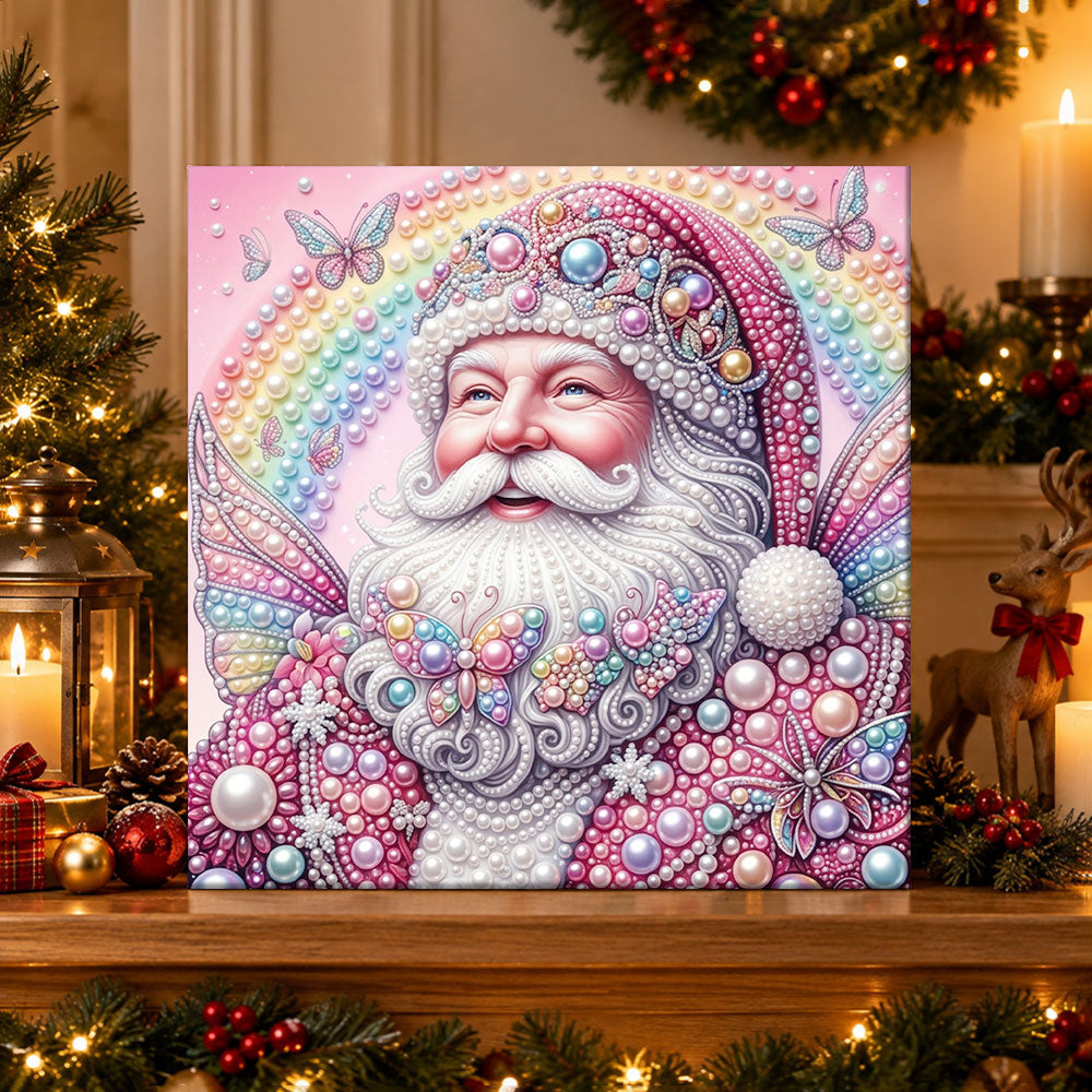 Finished pastel santa with butterflies pearl diamond painting artwork displayed as holiday home decor
