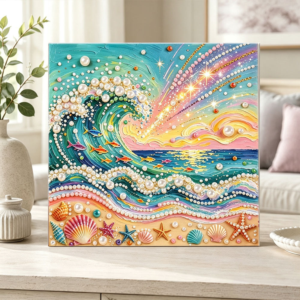 Finished pastel sea wave decor pearl diamond painting artwork displayed as home decor