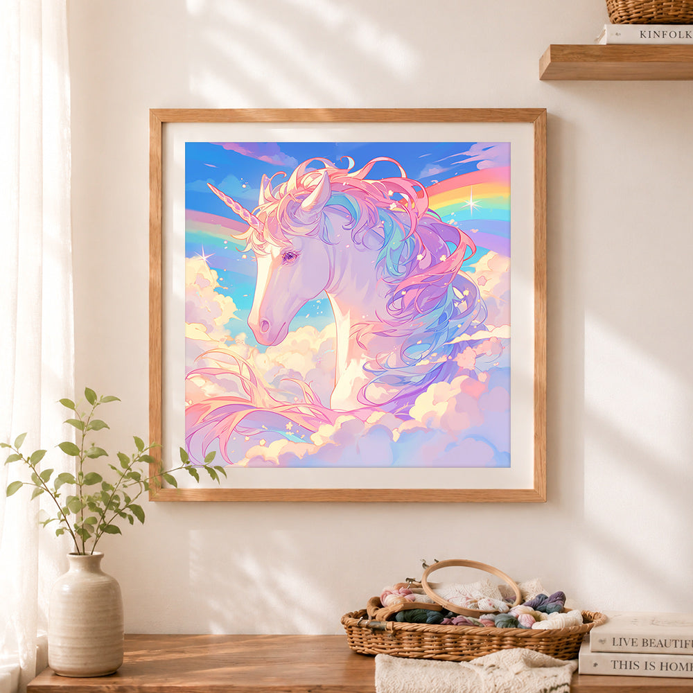 Finished pastel sky unicorn cross stitch artwork displayed as home decor
