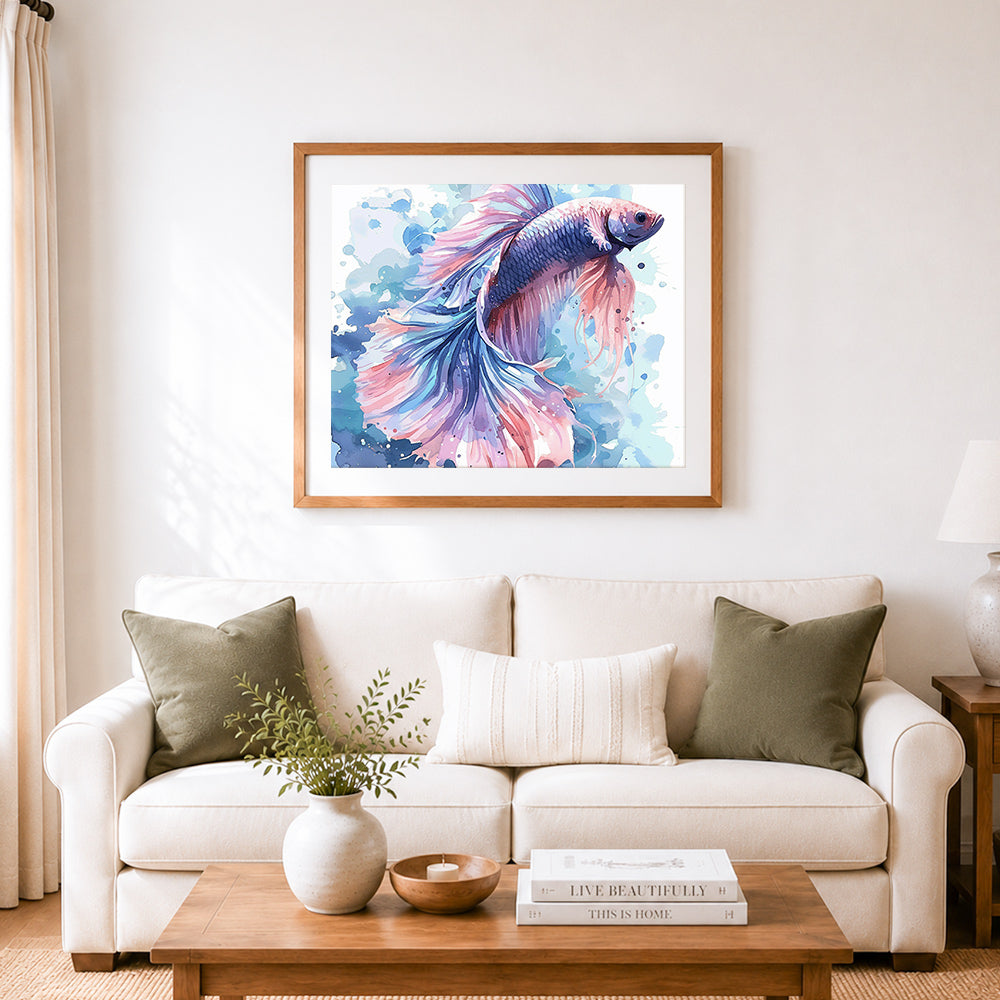 Finished pastel watercolor betta fish cross stitch artwork displayed as home decor