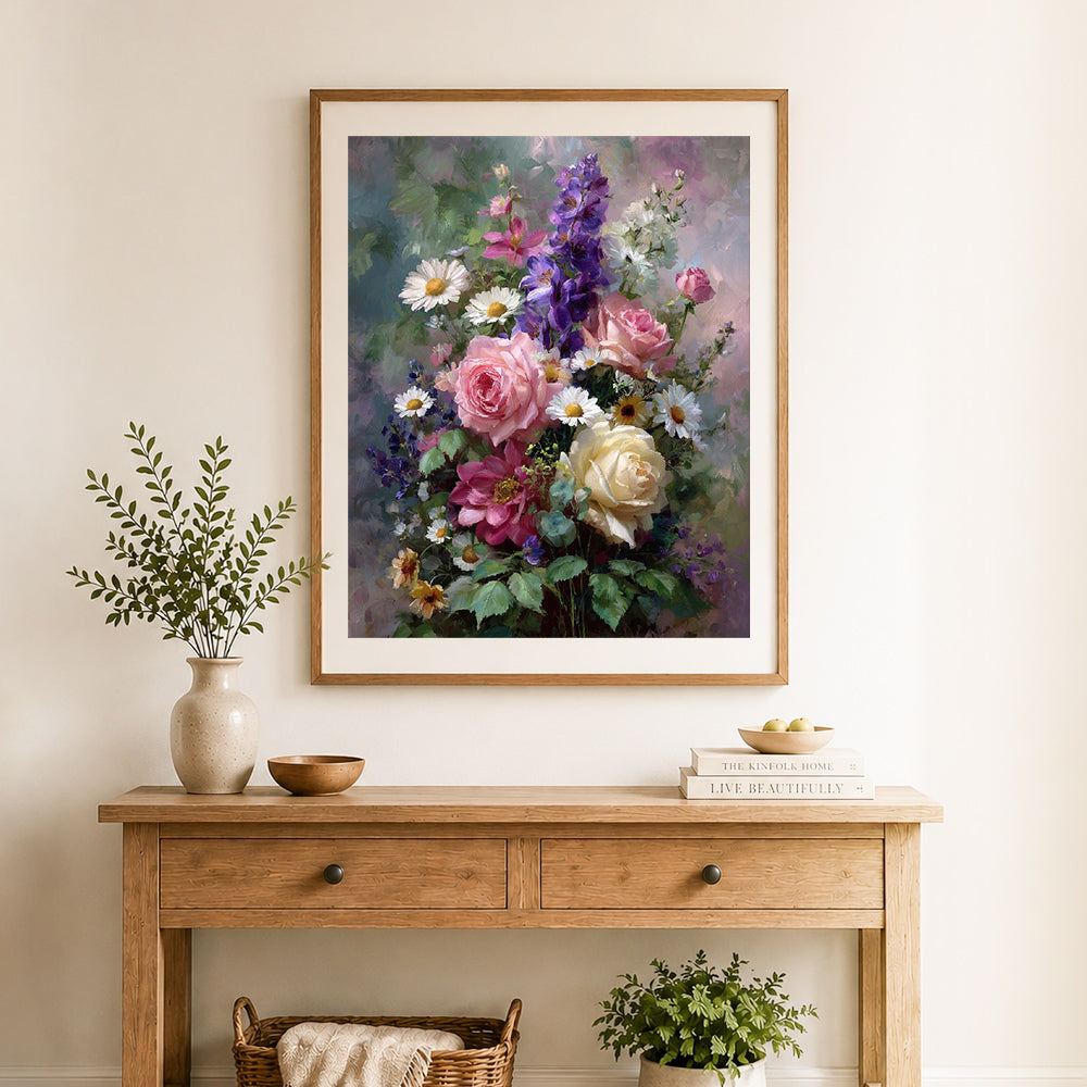 Finished pastel wild bouquet cross stitch artwork displayed as home decor