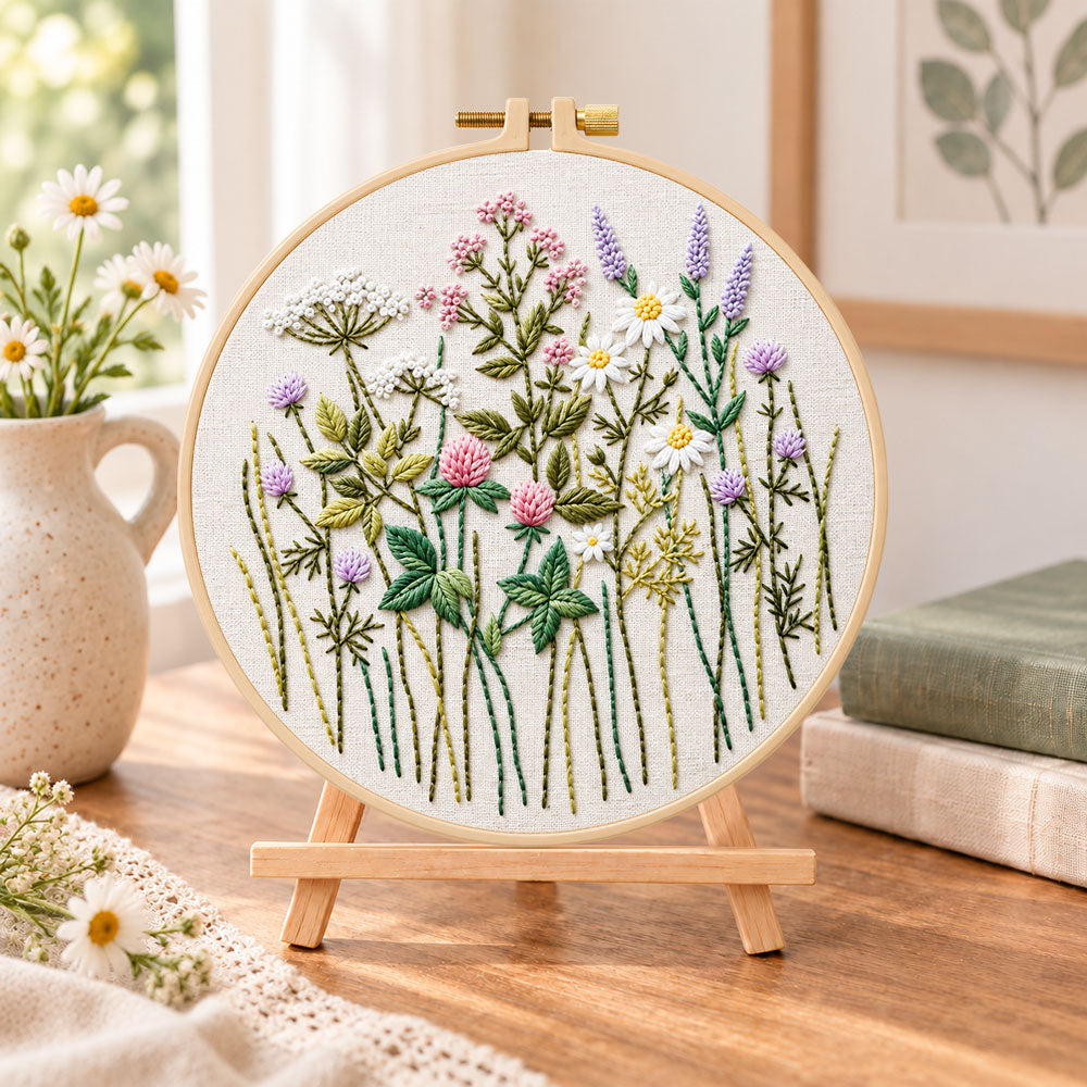 Pastel wildflower hand embroidery kit finished hoop displayed on a wooden stand as cozy tabletop decor