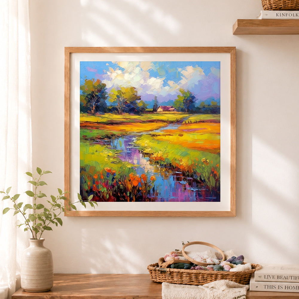 Finished pastoral stream through colorful meadows cross stitch artwork displayed as home decor