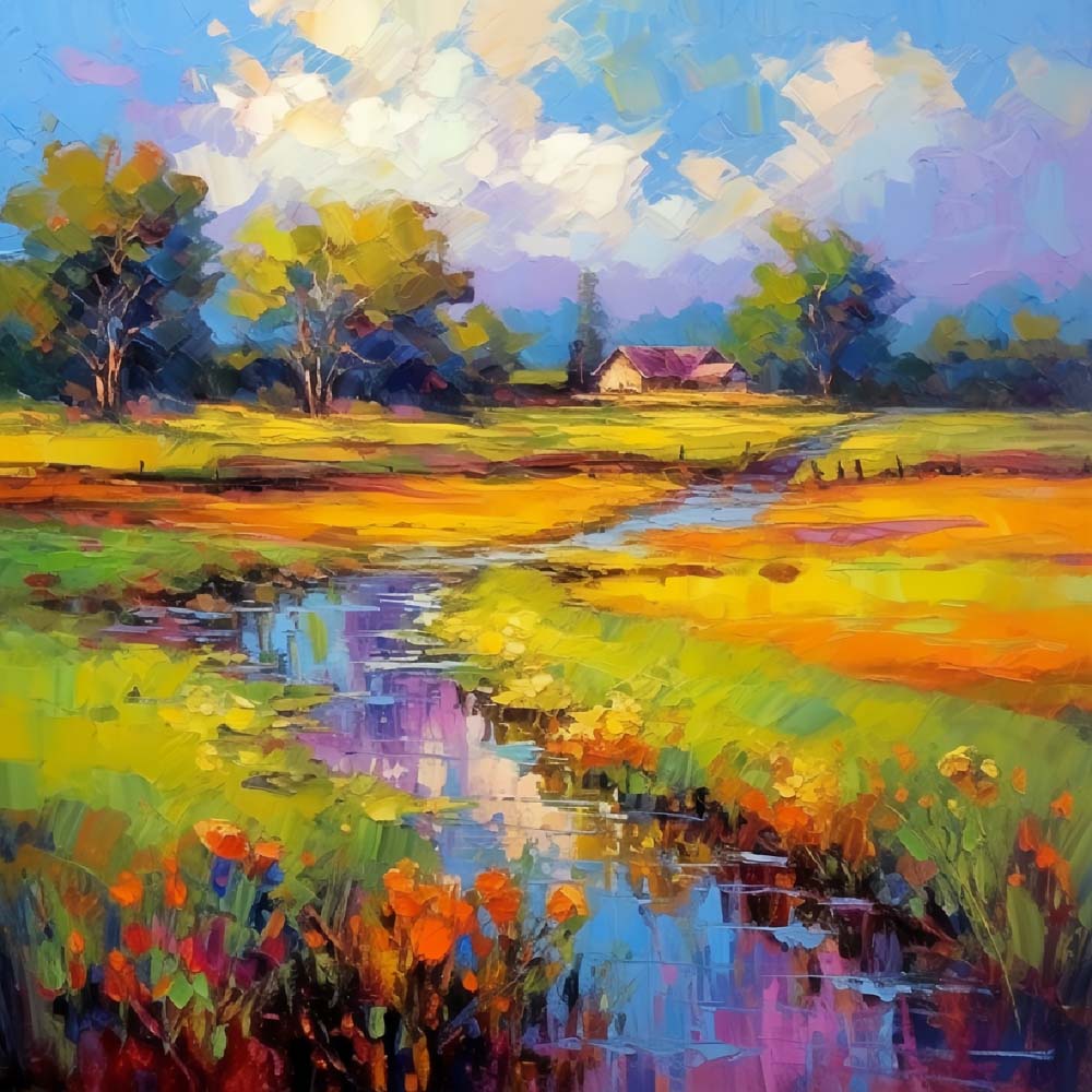 Pastoral stream through colorful meadows cross stitch kit for beginners