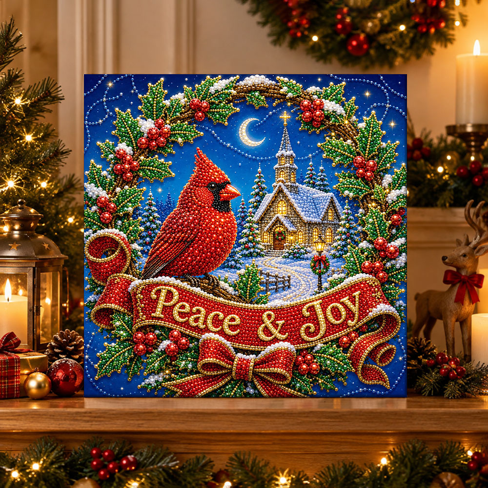Finished peace and joy cardinal bird pearl diamond painting artwork displayed as holiday home decor