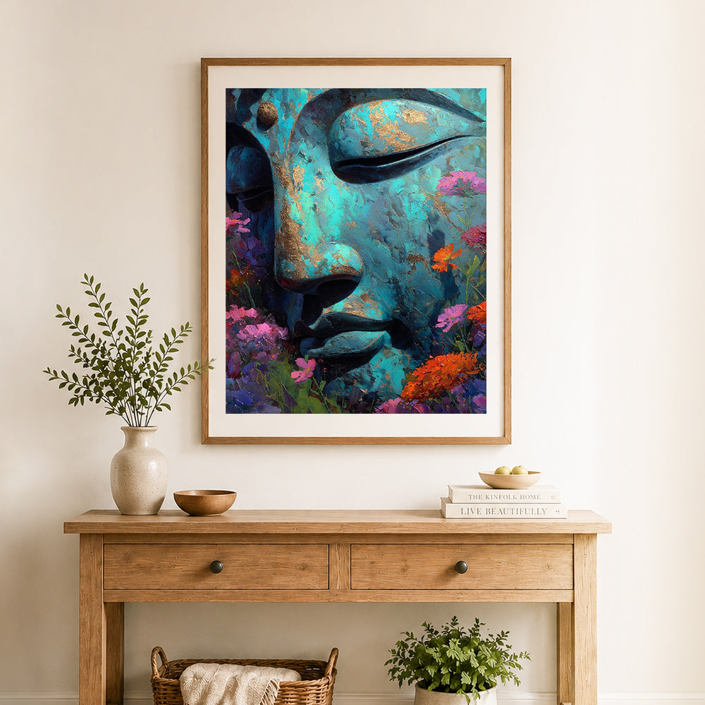 Finished peaceful buddha face cross stitch artwork displayed as home decor