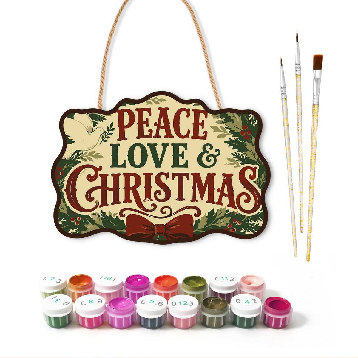 Peaceful christmas vibe paint by numbers door hanger with paints and brushes