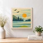 Finished peaceful lakeside morning artwork displayed on a wall