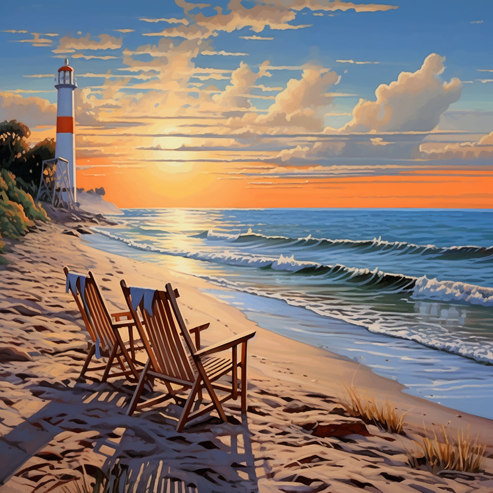 Peaceful lighthouse and beach chairs at sunset cross stitch kit for beginners