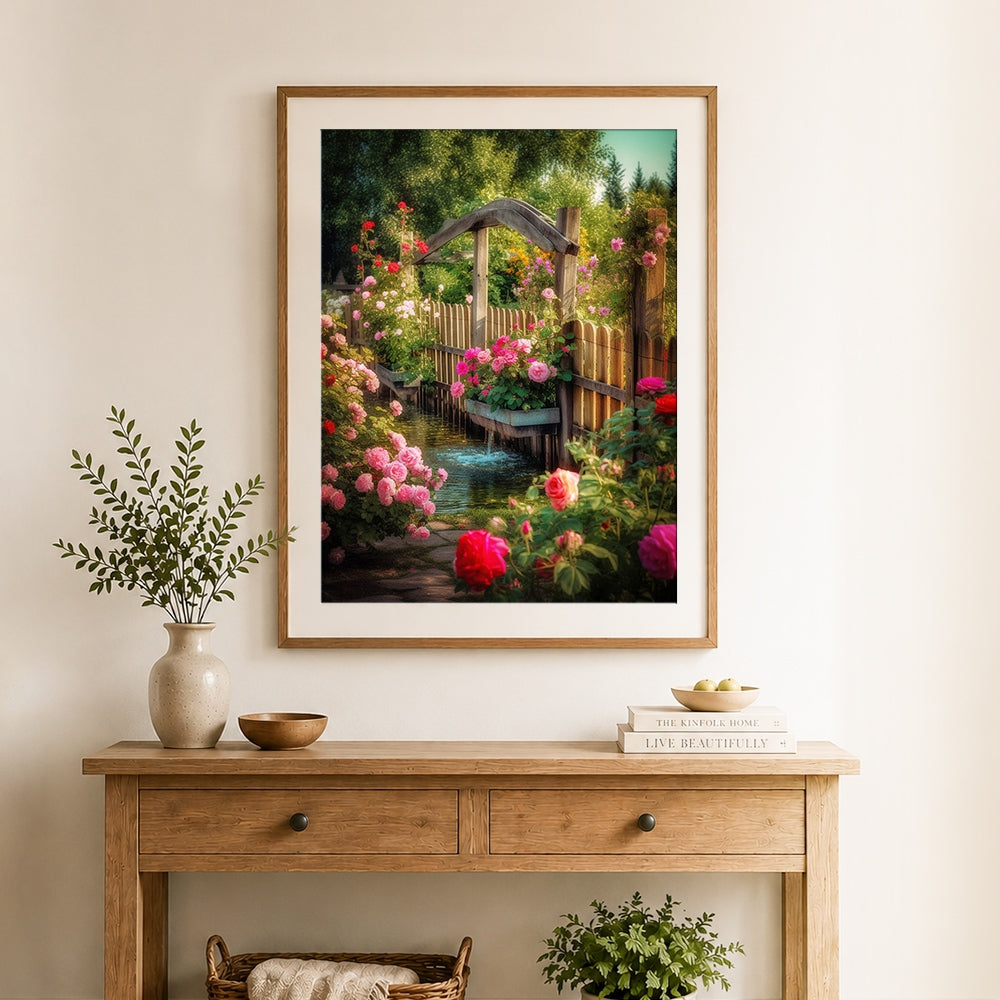 Finished peaceful pink rose garden with wooden arch cross stitch artwork displayed as home decor