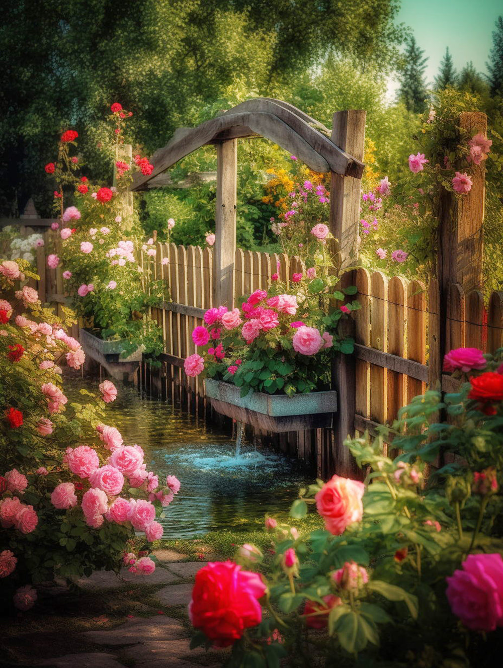 Peaceful pink rose garden with wooden arch cross stitch kit for beginners