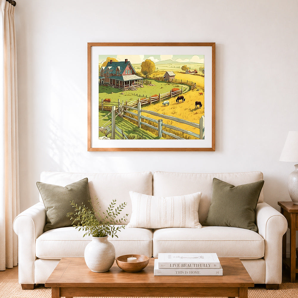 Finished peaceful rural farmland cross stitch artwork displayed as home decor