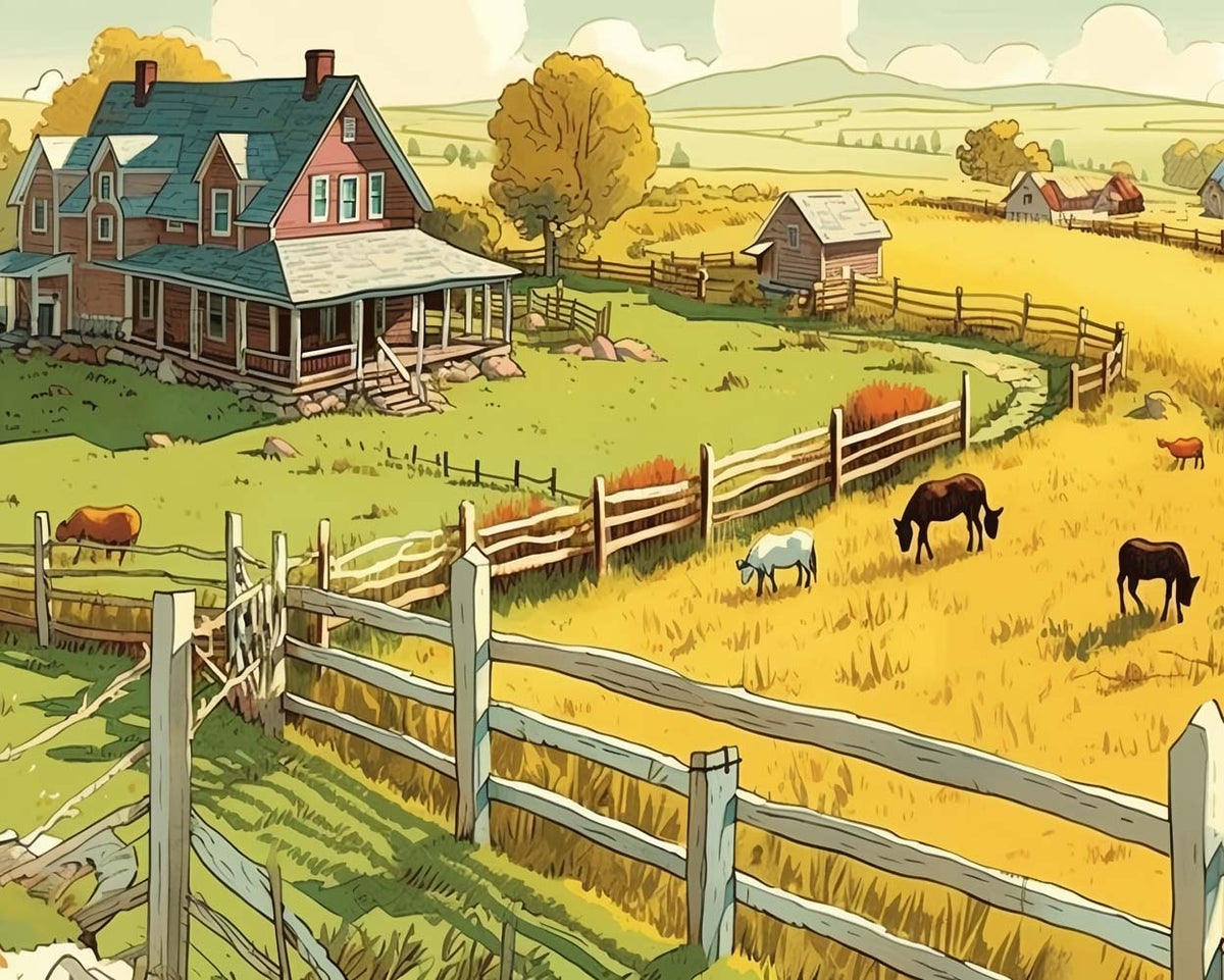 Peaceful rural farmland cross stitch kit for beginners
