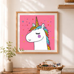 Finished peaceful star unicorn cross stitch artwork displayed as home decor