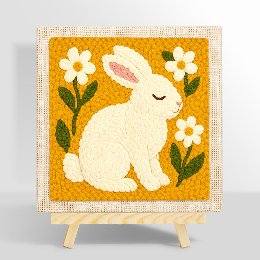 Peaceful white bunny with daisies punch needle kit for beginners