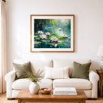 Finished peaceful white water lilies in pond cross stitch artwork displayed as home decor