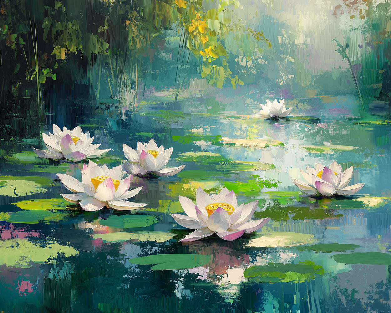 Peaceful white water lilies in pond cross stitch kit for beginners