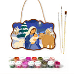 Peaceful winter nativity paint by numbers door hanger with paints and brushes