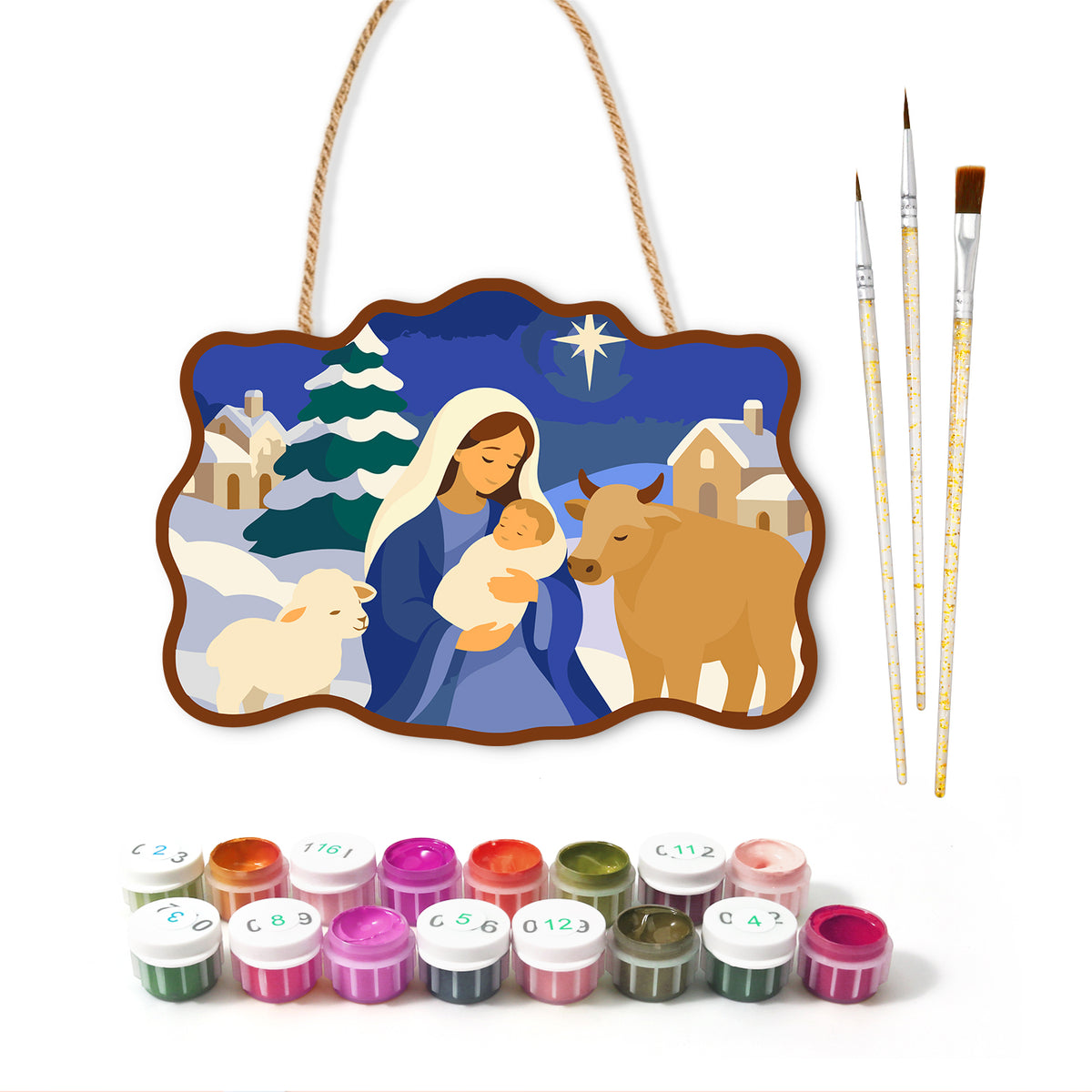 Peaceful winter nativity paint by numbers door hanger with paints and brushes
